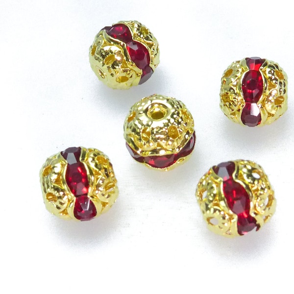 dark red rhinestone brass beads - gold tone filigree  beads - plated  brass round beads - beading supplies - jewelry making beads