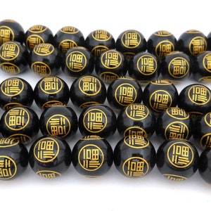 Perline di carattere cinese "福" - perline di benedizione - perline rotonde di buona fortuna - perline di buona fortuna - perline di felicità in onice nero - 15 pollici