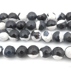 black and white double color agate gemstone beads - white faceted agate round beads -  agate beads supplies - agate jewelry beads -15 inch