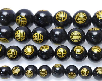 gold tone glide beads - Chinese character "福“ beads - blessing beads - good luck round beads -  black onyx happiness beads -15inch