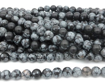 black and grey snowflake obsidian beads - black and white gemstone round beads - natural obsidian beads - 4-14mm round beads - 15 inch