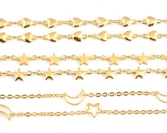 jewelry making brass link chain - gold tone bracelet chain - heart shape link chain - star earrings  chain -moon and star necklace chain