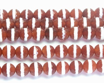 white striped faceted red agate beads - red carnelian Dzi Tibetan beads - red loose stone beads - red jewellery beads -15inch