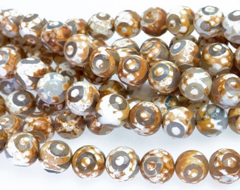 agate eye beads -white and brown gemstone beads - Dzi agate beads supplies - Tibetan  10mm Dzi agate beads - Mala prayer beads - 15 inch