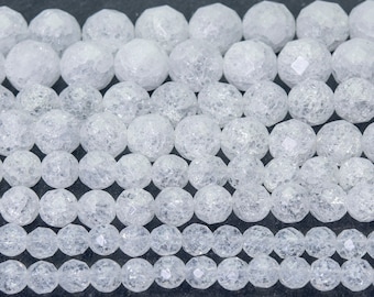 faceted crackle crystal quartz beads - natural white quartz round beads - ice quartz jewelry beads - faceted beads supplies   -15pcs