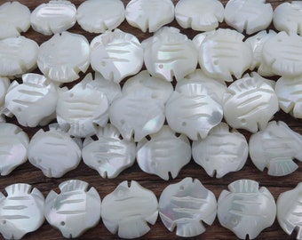 mother of pearl carved fish beads - white seashell beads - 15mm shell beads - jewelry making shells - necklace beads - bracelet beads