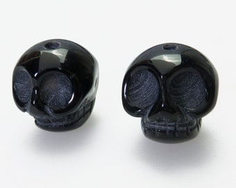 natural black onyx skull beads - carved gemstone beads - black stone carvings - 16mm beads for jewelry