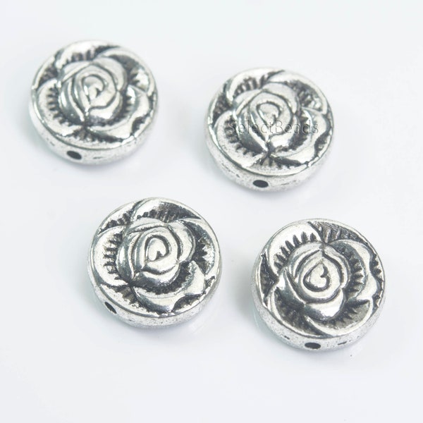 antique silver flower metal beads - silver floral beads - silver blossom jewelry beads - flower beads for jewelry making -10mm coin