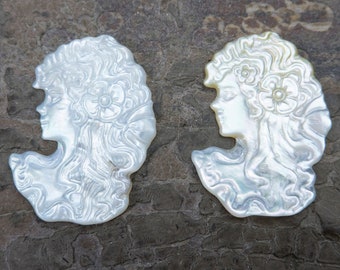 white luster mother of pearl - cameo pendant - white shell figure engraved pendant - carved lady seashell for cameo pendant
