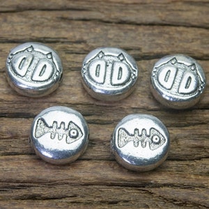 sterling silver coin beads - cat and fishbone beads - antique styel sterling silver - 925 standard sterling silver - jewelry making silver