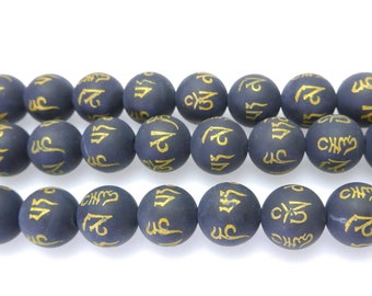 matte black onyx OM beads - black and gold prayer beads - religious round beads - 108 beads necklace supplies - jewelry making beads