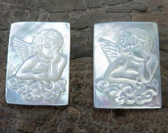 white mother of pearl Cupid cameo - engraved love symbol cabochons - rectangle shell geometric pendant - jewelry making material