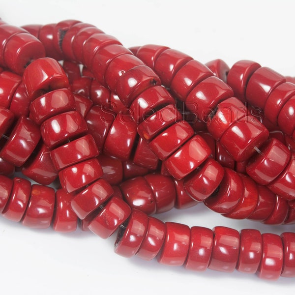 chunky red coral beads - big heishi coral beads - red jewelry beads - large red bamboo coral - thick jewelry beads - heavy beads - 8inch