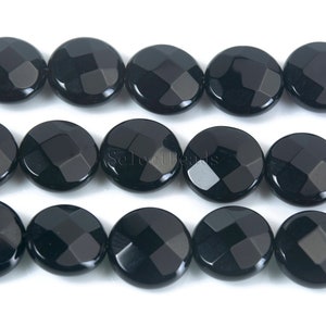 black onyx faceted coin beads - natural onyx gemstone beads - quality AA stone beads - black jewelry gemstones - size 8-40mm -15inch