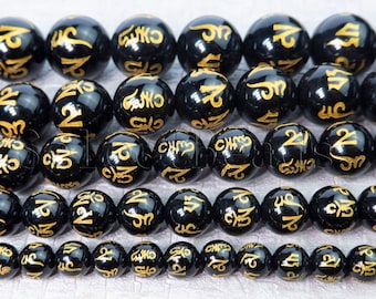 goldtone stamp OM beads - black onyx gemstone beads - Tibetan Dzi agate beads - prayer gemstone beads - Buddha beads supplies - 15 inch