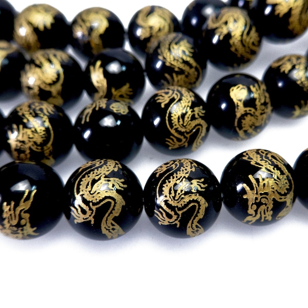 black onyx golden dragon round beads -  onyx gemstone beads - big onyx pattern beads - dragon detail beads - 8inch