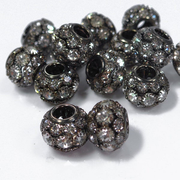 perles en filigrane de strass noir - perles à gros trous en laiton plaqué gunmetal - perles rondes en métal cristal noir - perles de bijoux en métal - 8 pcs