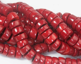 chunky red coral beads - big heishi coral beads - red jewelry beads - large red bamboo coral - thick jewelry beads - heavy beads - 8inch
