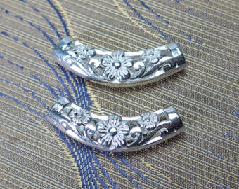 sterling silver floral tube beads -  925 silver filigree curved tube cylinders - precious metal tube for leather cord jewelry -26x7mm -2 pcs
