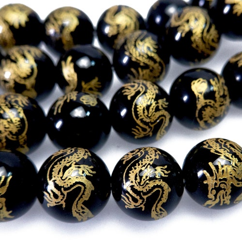 Black Onyx Golden Dragon Round Beads Onyx Gemstone Beads Etsy