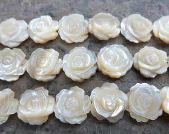 brown mother of pearl beads - shell flower beads - engraved floral beads - carved flower beads - double sides flower beads -10 beads