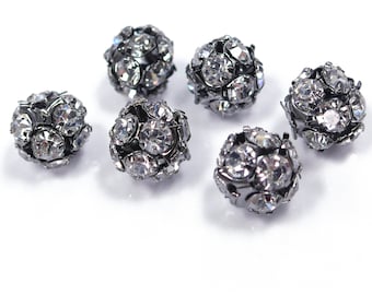 clear crystal round ball beads - gunmetal plated brass beads - bling bling rhinestone balls - 8mm 10mm crystal beads - hand set round beads