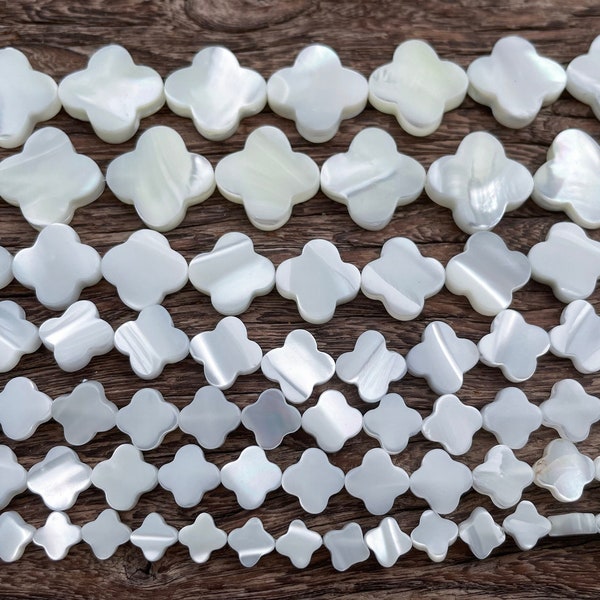 Perles de trèfle en coquillage - Perles de 4 feuilles de coquillages blancs - Perles de coquillages porte-bonheur - Perles de bijoux de plantes - Fournitures de perles de nacre -15 pouces