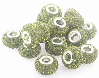 solid color rhinestone spacer pave beads - European style rhinestone beads - Shambala big hole beads -  rondelle beads 14x10mm -10pcs