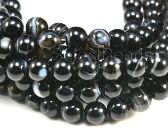 Perline di agata a fasce, perline di agata nera, fili di perline all’ingrosso, perline di pietra a strisce, perline di pietra di agata, perline rotonde 6-14 mm-15 pollici