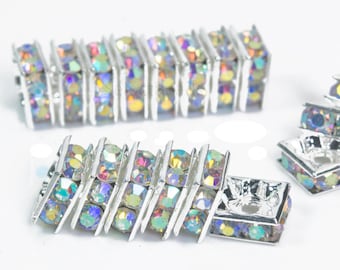 rainbow crystal silver spacer beads - square brass spacer with rhinestones - blingbling beads supplies - jewelry craft beads - 50pcs