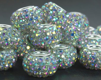white coated rhinestone spacer pave beads - European style rhinestone beads - Shambala big hole beads -  rondelle beads 14x10mm -10pcs