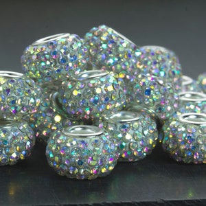 white coated rhinestone spacer pave beads - European style rhinestone beads - Shambala big hole beads -  rondelle beads 14x10mm -10pcs