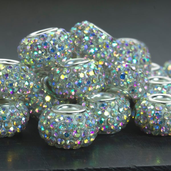 perles de pavé d’espacement en strass revêtues de blanc - Perles de strass de style européen - Perles de grand trou Shambala - Perles rondelles 14x10mm -10pcs