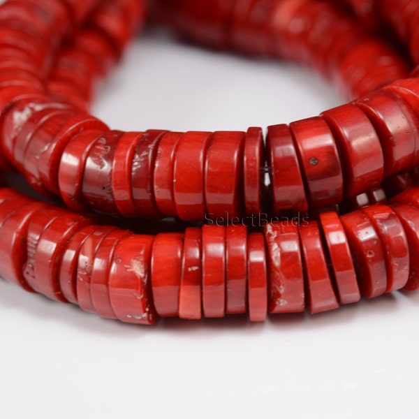 Perles Heishi de corail rouge - Perles de corail pour la fabrication de bijoux - Perles de corail en bambou rouge - Perles d'espacement de perles de corail - Perles de 9 mm à 13 mm - 8 pouces