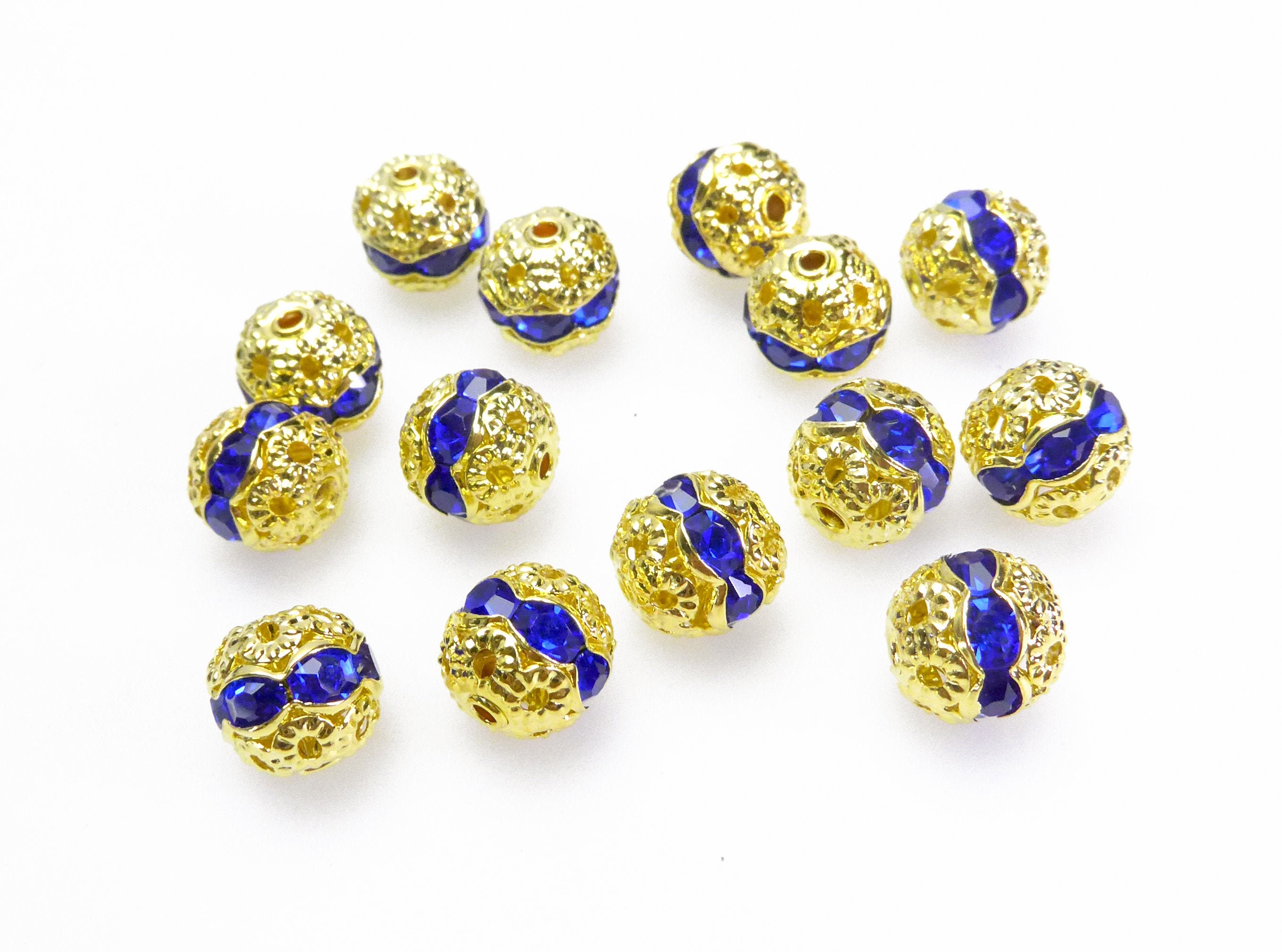 Royal Blue Rhinestone Filigree Ball Beads - Gold Tone Brass Striped ...