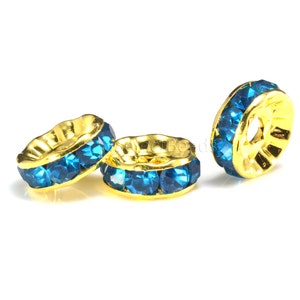 yellow gold plated brass spacer beads - lake blue rhinestone crystal rondelle spacers - crystal metal jewelry spacers -4-12mm spacers-100pcs