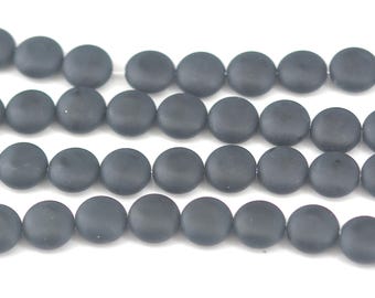 black onyx matte puffy coin beads - black gemstone beads jewelry making supplies - natural stone craft beads -15 inch