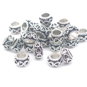 heart shape pattern beads - love silver beads -  big hole bracelet beads - round cord jewelry beads - jewelry making supplies