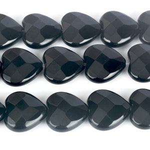 black onyx faceted heart shape beads - black gemstone heart beads - 14mm stone beads - love symbol beads - jewelry making beads