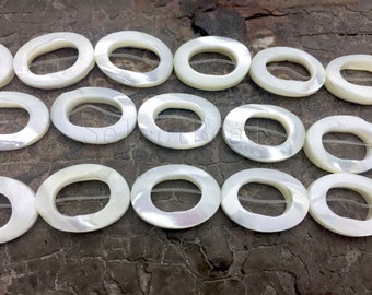 natural mother of pearl oval frame beads - oval donut shell beads - white sea shell jewelry supplies - white beads  -15inch