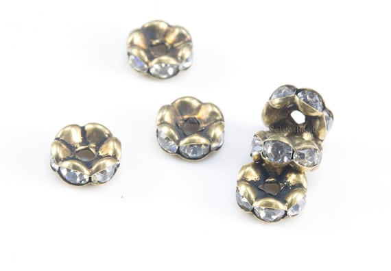 antique brass rhinestone rhondelle beads - vintage style rhinestone spacer bead - wave edge metal spacer beads - size 4-12mm - 100 pcs