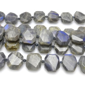 Pode incluir: Um fio de contas de pedra preciosa de labradorita facetada em tons de cinza com flashes azuis iridescentes. As contas são facetadas e têm uma forma ligeiramente irregular.