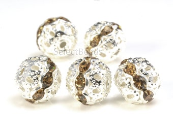 rhinestone crystal beads - silver plated copper beads - light topaz rhinestone - silver filigree pattern beads - round beads - 6-12mm