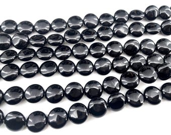 black onyx puffy coin beads - natural gemstone beads - black stone beads - jewelry making supplies - natural stone craft beads -15 inch