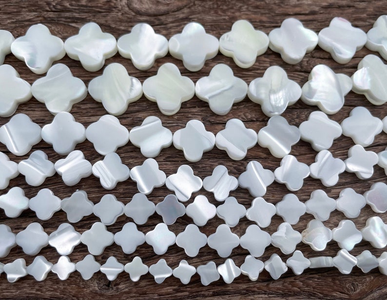 shell clover beads - white shell 4 leaf beads - lucky symbol shell beads - plant jewelry beads - mother of pearl beads supplies -15inch image 1
