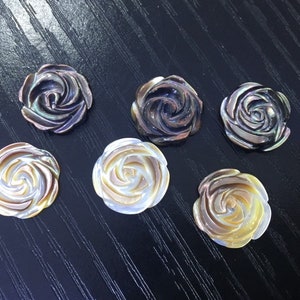 black lip shell beads - black lip shell flower  charms - carved rose beads - half drilled shell beads - shell beads for glue jewelry