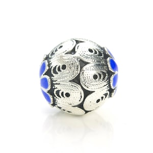 lapis blue cloisonne beads - Chinese traditional craft cloisonne charms - filigree blue flower copper round beads - 10-14mm - 5 pcs
