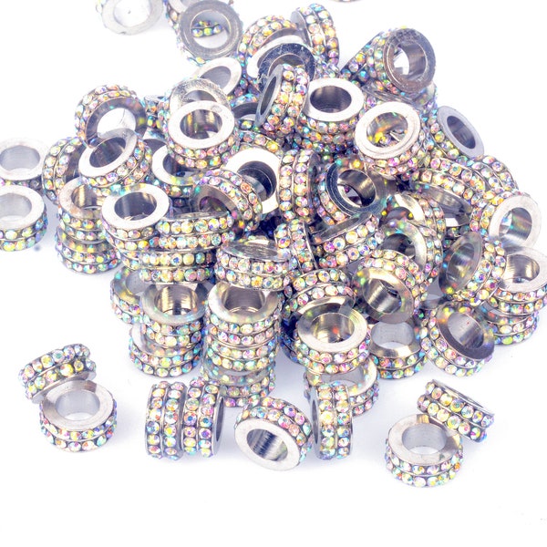 paved rhinestone big hole  beads - two lines  crystal spacer beads - rhinestone jewelry supplies - jewelry making heishi beads , size 8-10mm