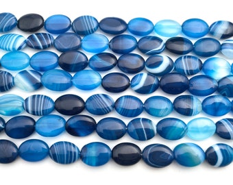 blue banded agate beads -  puffy oval gemstone bead - striped agate jewelry beads - wholesale agate beads - oval stone beads -15 inch