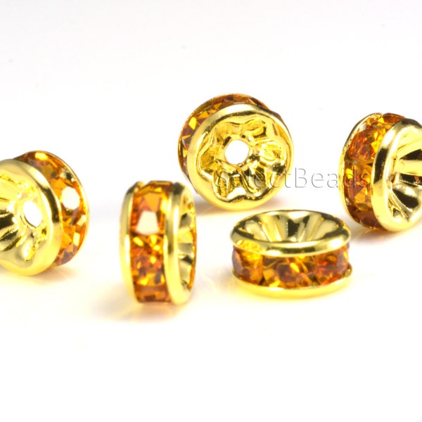 rhinestone spacer beads -  yellow gold plated brass beads - amber color crystal craft supplies - jewelry making spacer beads -100pcs